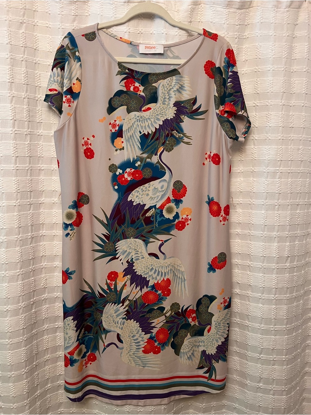 Renee C.  Crane-Print Shift Dress with Multicolor Accents.